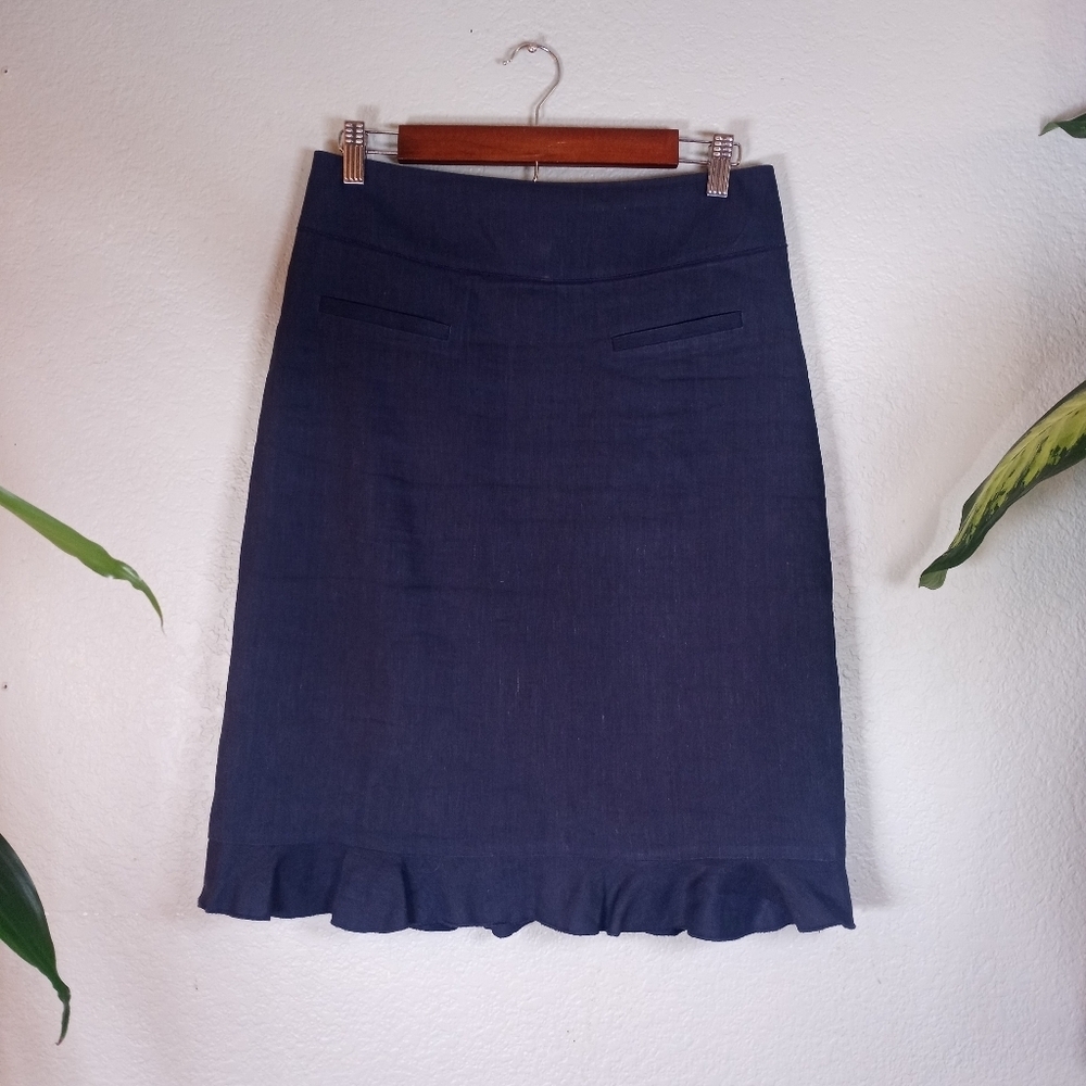Rebecca Taylor Linen Navy Blue Ruffled Hem Academia Office Siren Pencil Skirt 8